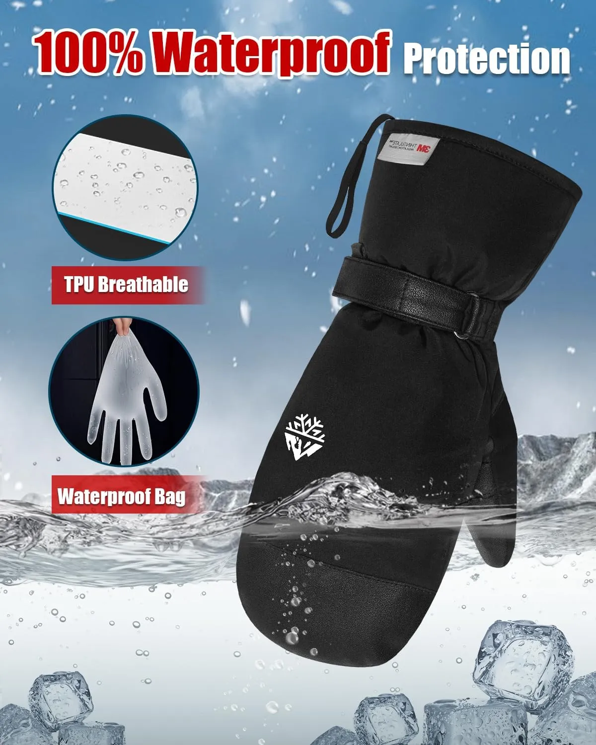 RIGWARL Waterproof Ski Mittens Men Women, 3M Thinsulate Insulated Thermal Snow Gloves with Whole Anti-Slip PU Palm, Windproof Touchscreen Winter Mittens for Cold Weather, Suitable for All Snowsports