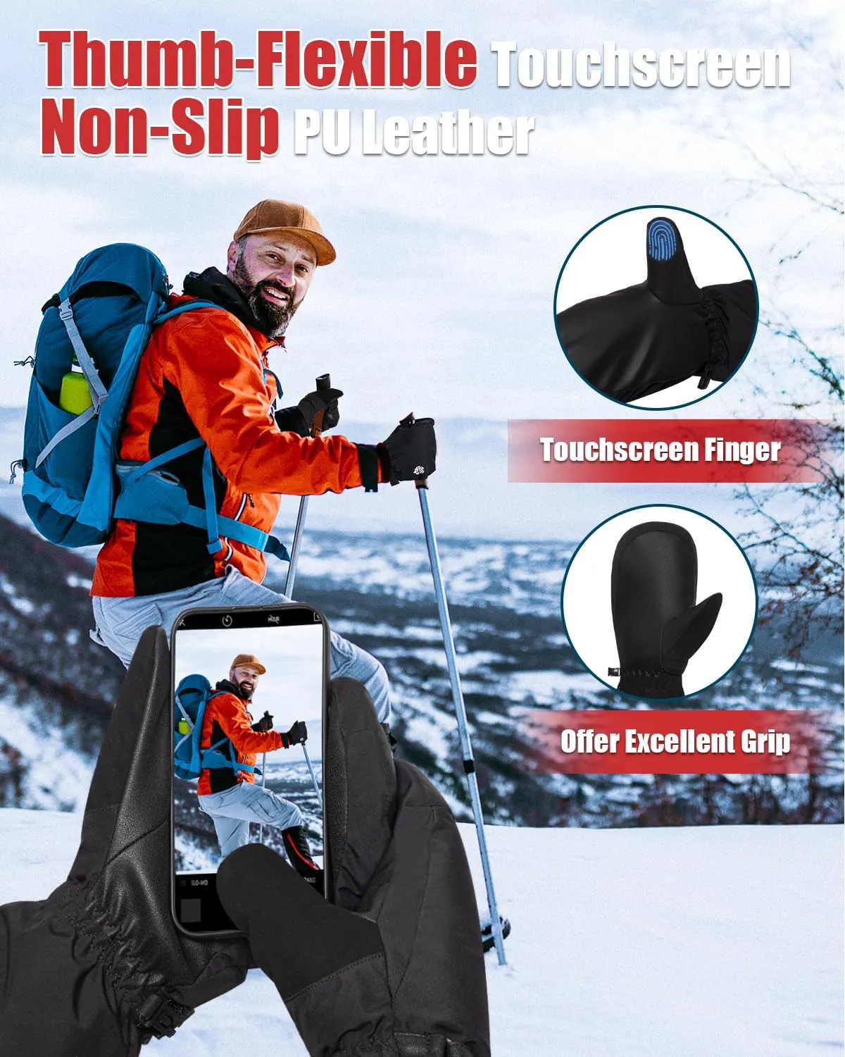 RIGWARL Waterproof Ski Mittens Men Women, 3M Thinsulate Insulated Thermal Snow Gloves with Whole Anti-Slip PU Palm, Windproof Touchscreen Winter Mittens for Cold Weather, Suitable for All Snowsports
