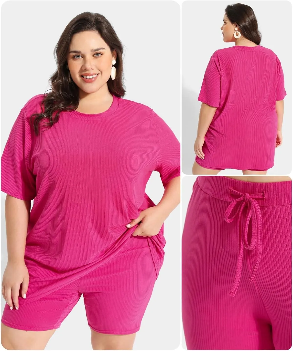 RITERA Plus Size 2 Piece Outfits Short Sleeve Summer Ribbed Knit Lounge Sets Drawstring Shorts