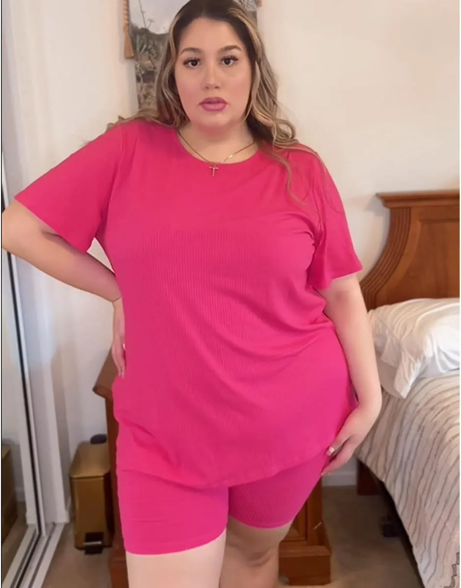RITERA Plus Size 2 Piece Outfits Short Sleeve Summer Ribbed Knit Lounge Sets Drawstring Shorts