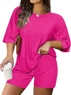 RITERA Plus Size 2 Piece Outfits Short Sleeve Summer Ribbed Knit Lounge Sets Drawstring Shorts