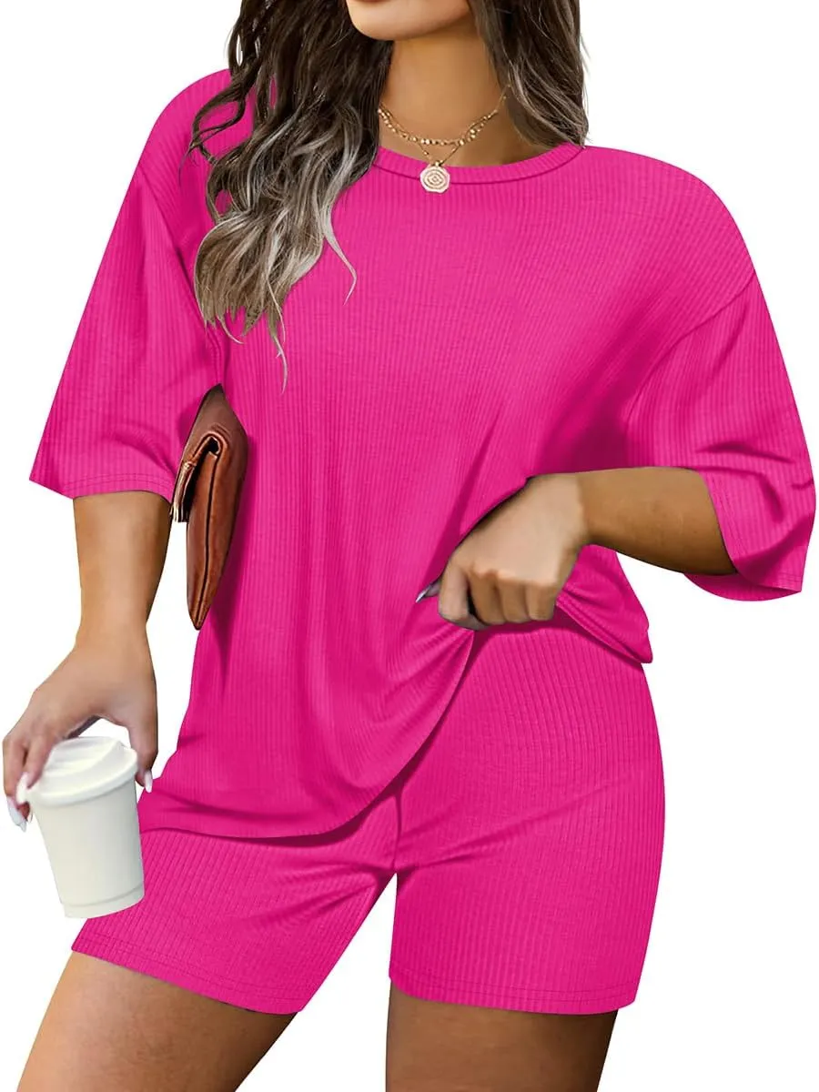 RITERA Plus Size 2 Piece Outfits Short Sleeve Summer Ribbed Knit Lounge Sets Drawstring Shorts