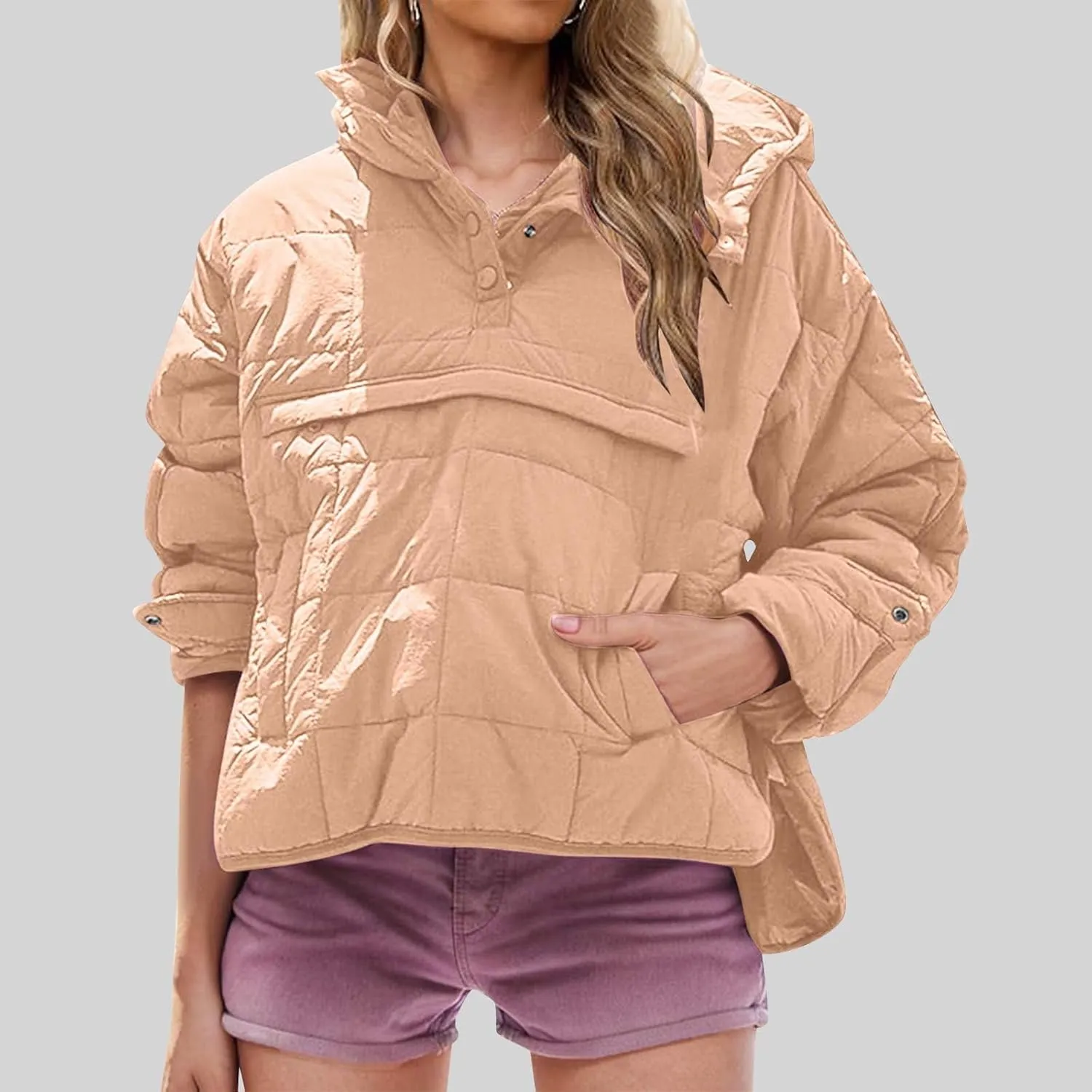 RKSTN Women Quilted Pullover Puffer Jacket Loose Hooded Coats Winter Warm Lightweight Outerwear with Pockets