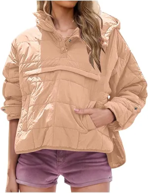 RKSTN Women Quilted Pullover Puffer Jacket Loose Hooded Coats Winter Warm Lightweight Outerwear with Pockets