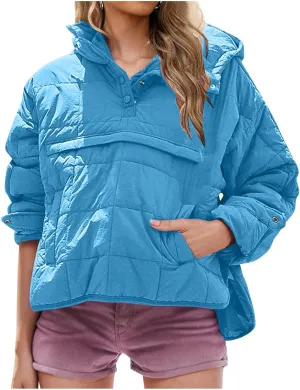 RKSTN Women Quilted Pullover Puffer Jacket Loose Hooded Coats Winter Warm Lightweight Outerwear with Pockets