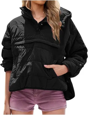 RKSTN Women Quilted Pullover Puffer Jacket Loose Hooded Coats Winter Warm Lightweight Outerwear with Pockets