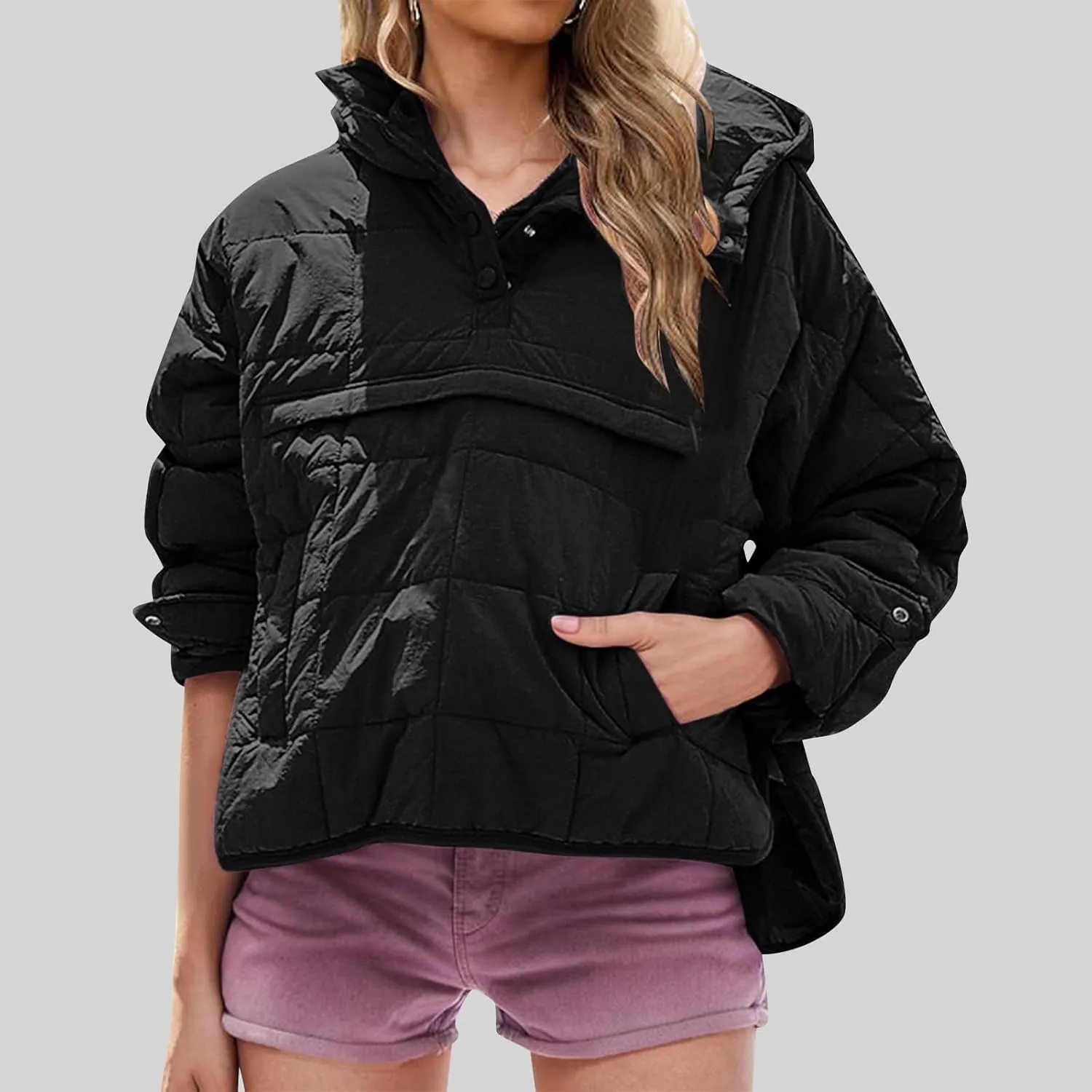 RKSTN Women Quilted Pullover Puffer Jacket Loose Hooded Coats Winter Warm Lightweight Outerwear with Pockets