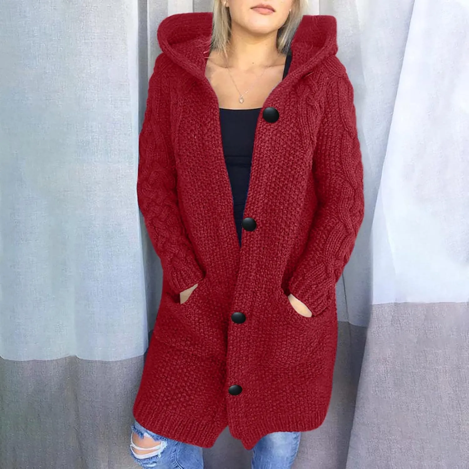 RKSTN Womens Cable Knit Sweater Coats Open Front Cardigan Sweaters Long Button Hoodie Jackets 2025 Warm Fall Winter Outerwear