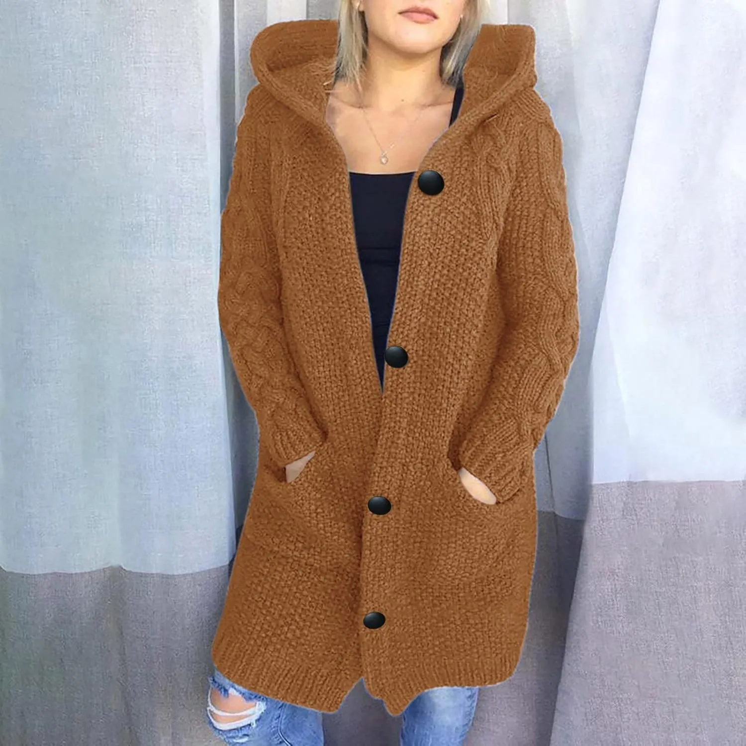 RKSTN Womens Cable Knit Sweater Coats Open Front Cardigan Sweaters Long Button Hoodie Jackets 2025 Warm Fall Winter Outerwear