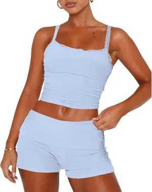 RUEWEY Womens Lace Trim Pajama Sets Sleeveless Crop Top and Fold Over Shorts 2 Piece Lounge Set PJ Set Tracksuit Outfits