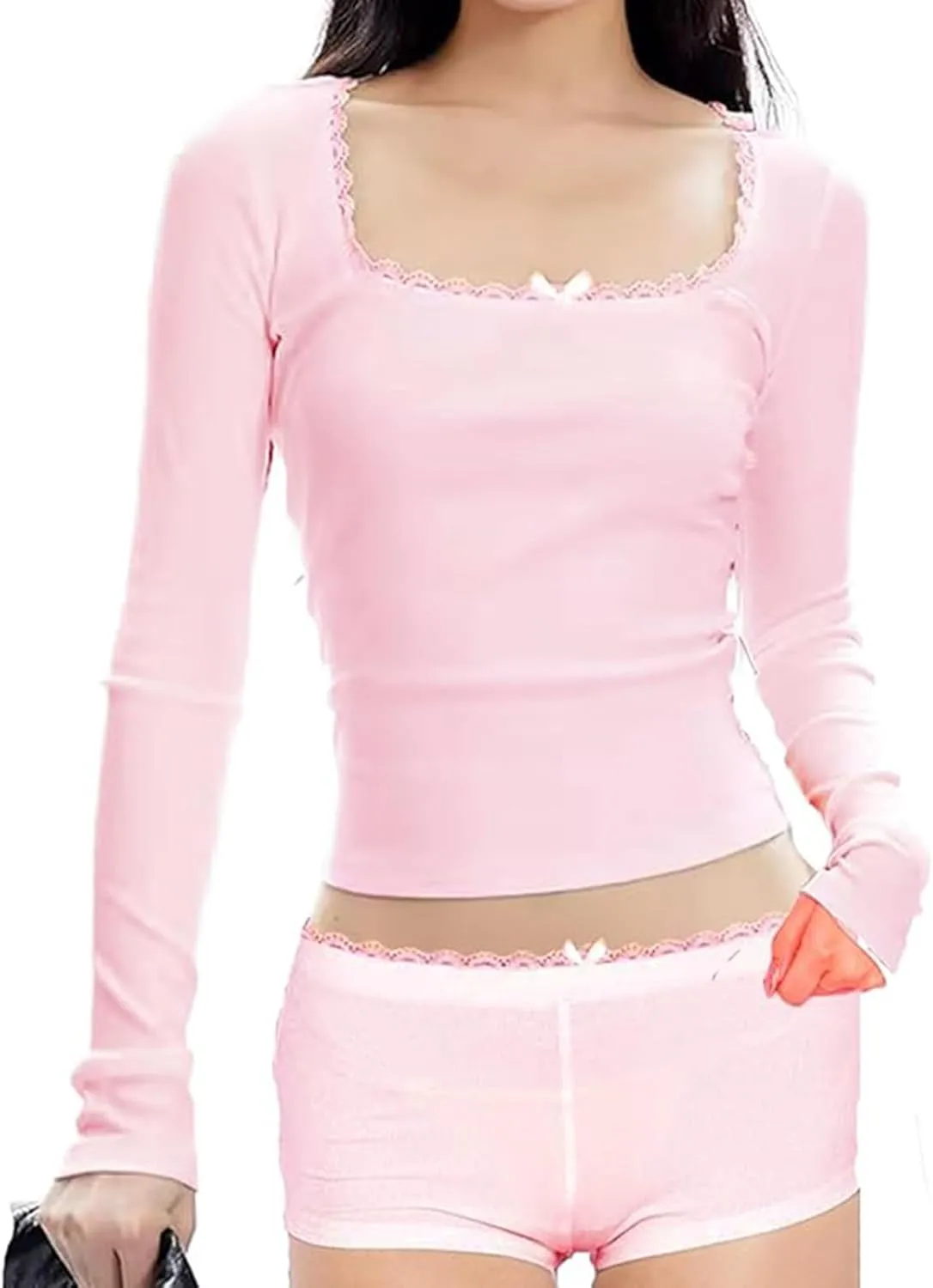 RUEWEY Womens Lace Trim Ribbed Knit Pajama Sets Long Sleeve Top and Shorts Matching 2 Piece Lounge Set PJ Set