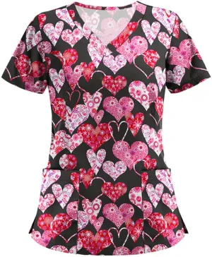 Scrub Tops Women,Women V Neck Nurse Uniforms Plus Size Cute Scrubs Floral Print Gifts Tops with Pockets