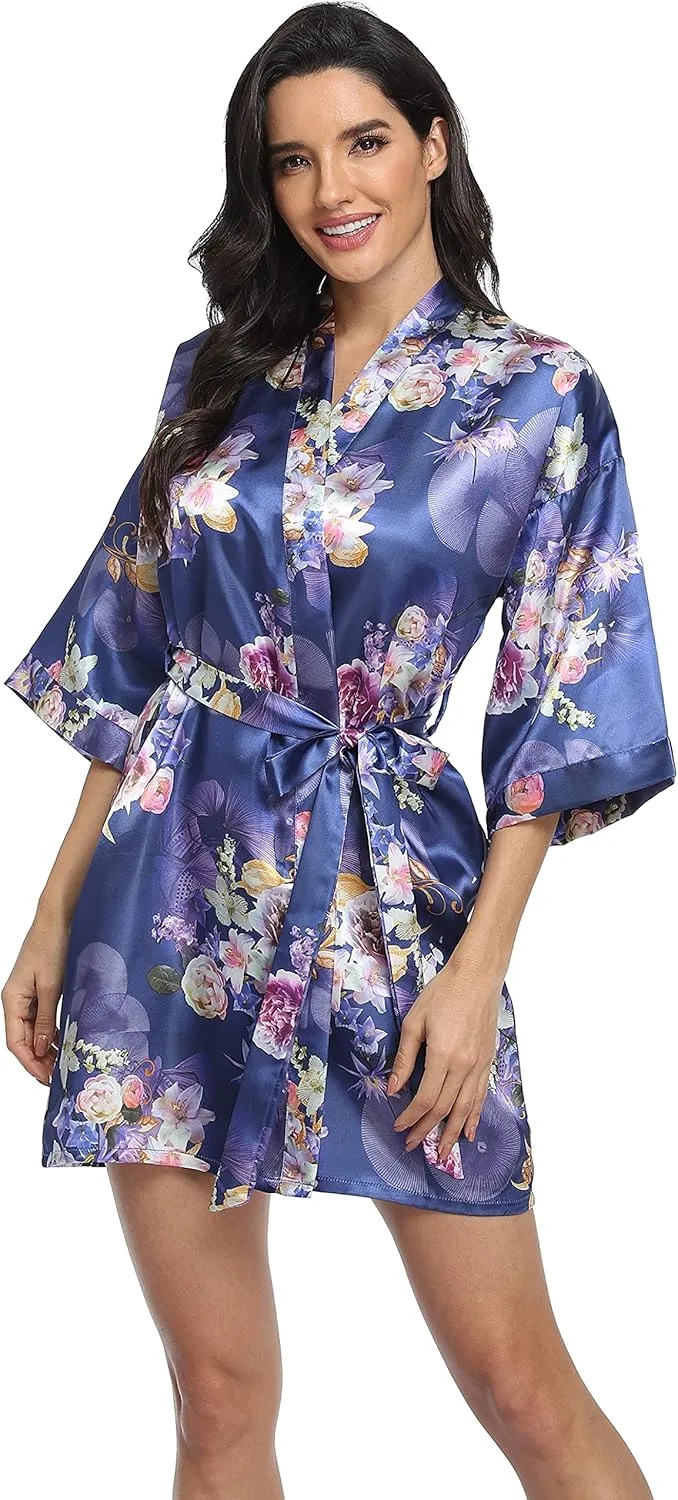 season dressing Women's Floral Satin Kimono Robes Bridesmaid and Bridal Short Silky Robe Sleepwear for Wedding Party