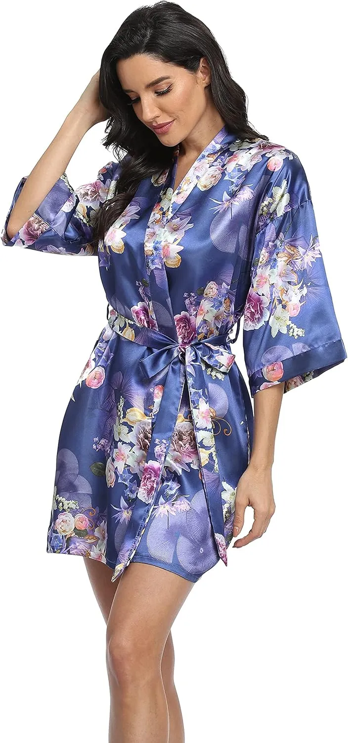 season dressing Women's Floral Satin Kimono Robes Bridesmaid and Bridal Short Silky Robe Sleepwear for Wedding Party