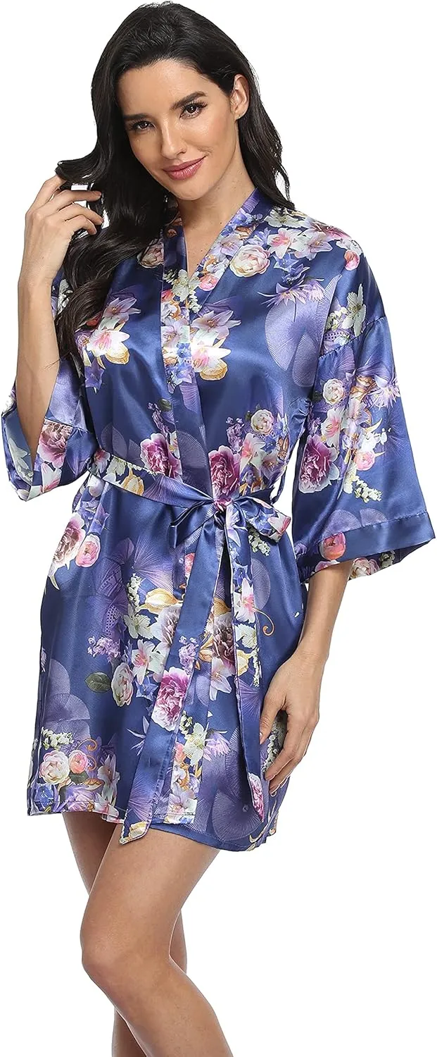 season dressing Women's Floral Satin Kimono Robes Bridesmaid and Bridal Short Silky Robe Sleepwear for Wedding Party