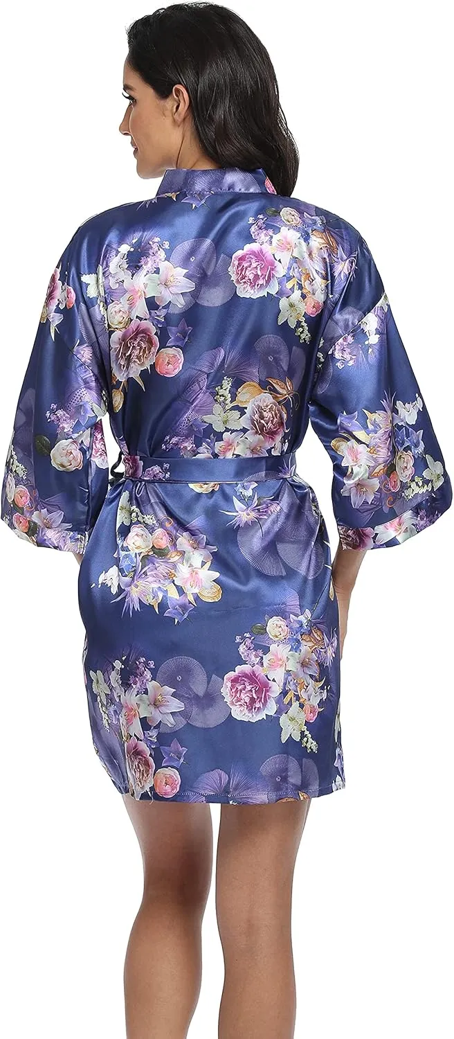 season dressing Women's Floral Satin Kimono Robes Bridesmaid and Bridal Short Silky Robe Sleepwear for Wedding Party