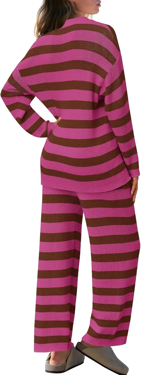 SENSERISE Womens Lounge Sets Oversized Sweater Set Striped Long Sleeve Tops and Pants Pajamas with Pockets