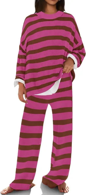 SENSERISE Womens Lounge Sets Oversized Sweater Set Striped Long Sleeve Tops and Pants Pajamas with Pockets