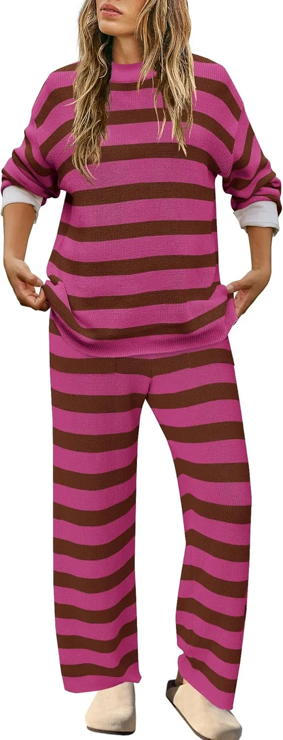 SENSERISE Womens Lounge Sets Oversized Sweater Set Striped Long Sleeve Tops and Pants Pajamas with Pockets