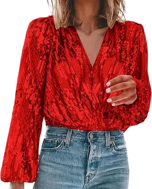 Sequin Tops for Women Pleated Shirt Slim and Sexy Long Sleeve V Neck Women Tee Shirt Crewneck Loose Fit Tops Glitter