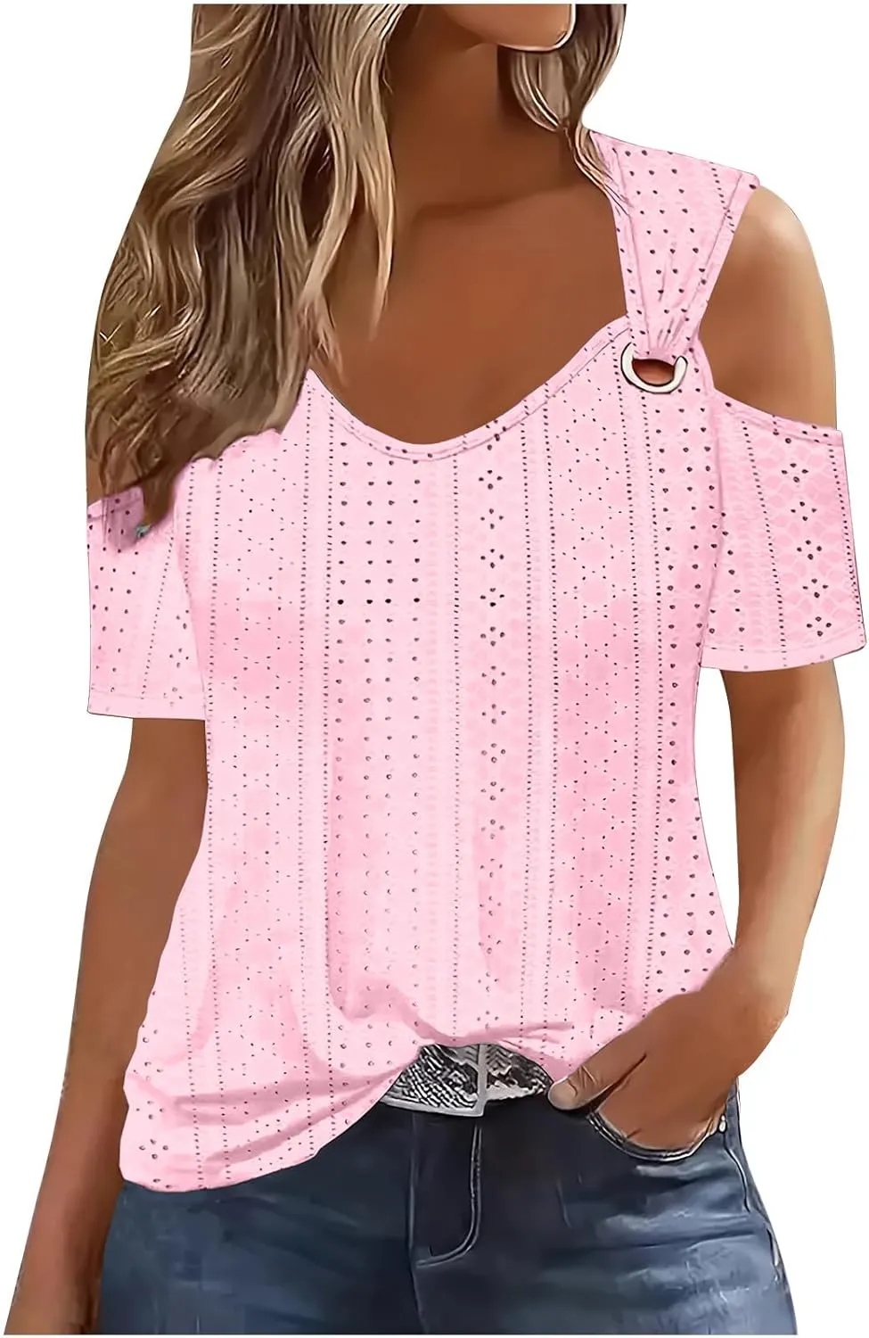 Sexy Cold Sholuder Tops for Women 2025 Summer Hollow Out Eyelet Short Sleeve Blouse Loose V Neck Tshirt Casual Tunics