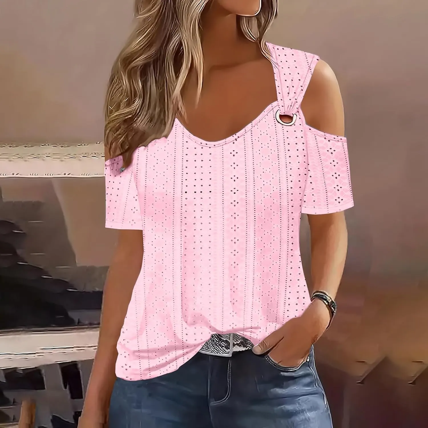 Sexy Cold Sholuder Tops for Women 2025 Summer Hollow Out Eyelet Short Sleeve Blouse Loose V Neck Tshirt Casual Tunics