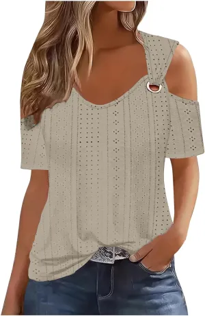 Sexy Cold Sholuder Tops for Women 2025 Summer Hollow Out Eyelet Short Sleeve Blouse Loose V Neck Tshirt Casual Tunics