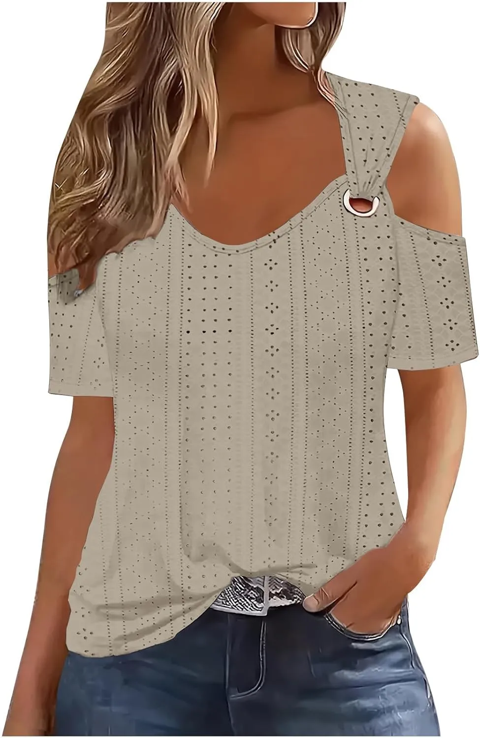 Sexy Cold Sholuder Tops for Women 2025 Summer Hollow Out Eyelet Short Sleeve Blouse Loose V Neck Tshirt Casual Tunics