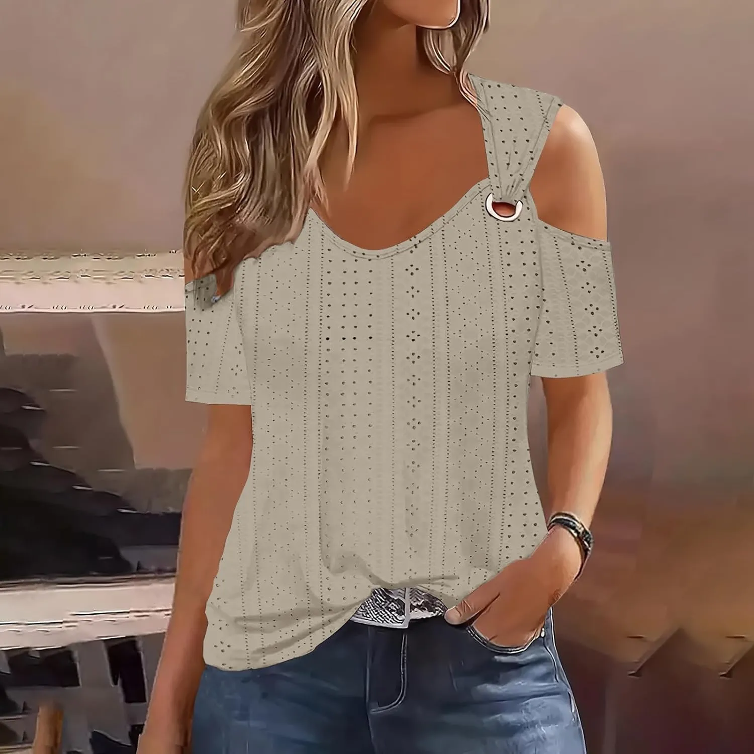 Sexy Cold Sholuder Tops for Women 2025 Summer Hollow Out Eyelet Short Sleeve Blouse Loose V Neck Tshirt Casual Tunics
