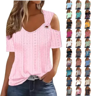 Sexy Cold Sholuder Tops for Women 2025 Summer Hollow Out Eyelet Short Sleeve Blouse Loose V Neck Tshirt Casual Tunics