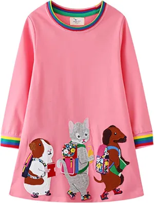 SHOOYING Girls Dresses Cartoon Dress Casual Cotton Cute Tshirt Dresses 2-8 Years