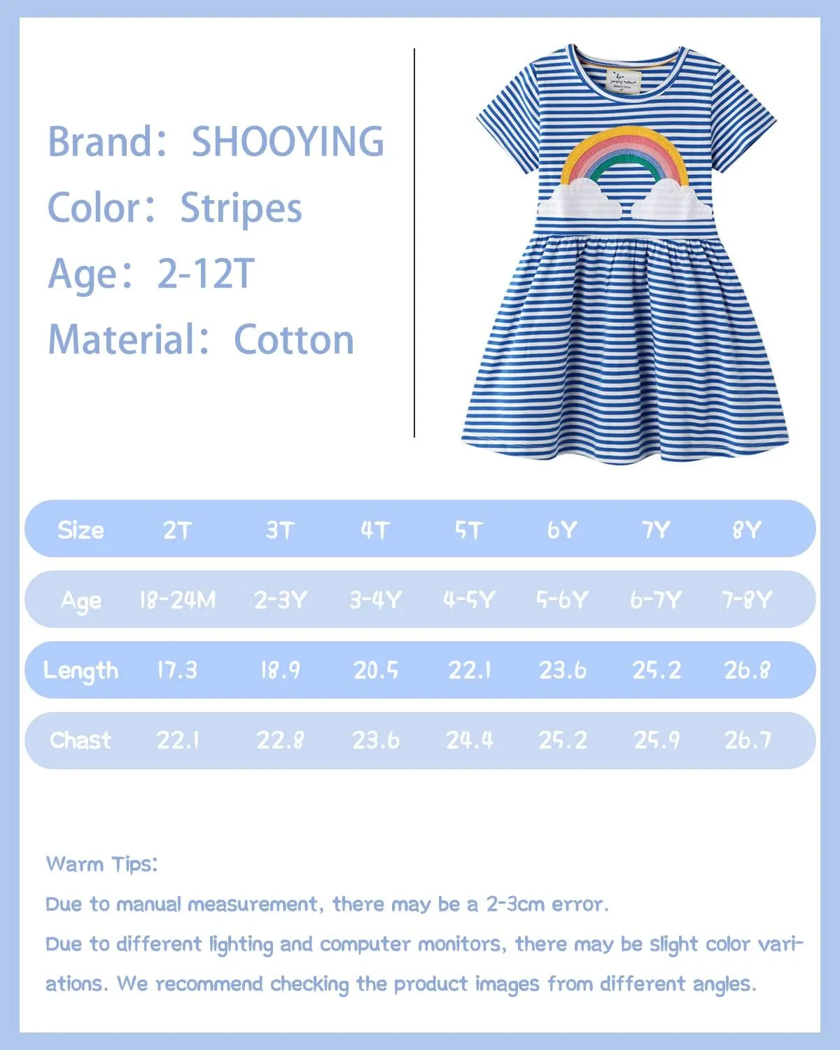 SHOOYING Girls Dresses Cartoon Dress Casual Cotton Cute Tshirt Dresses 2-8 Years