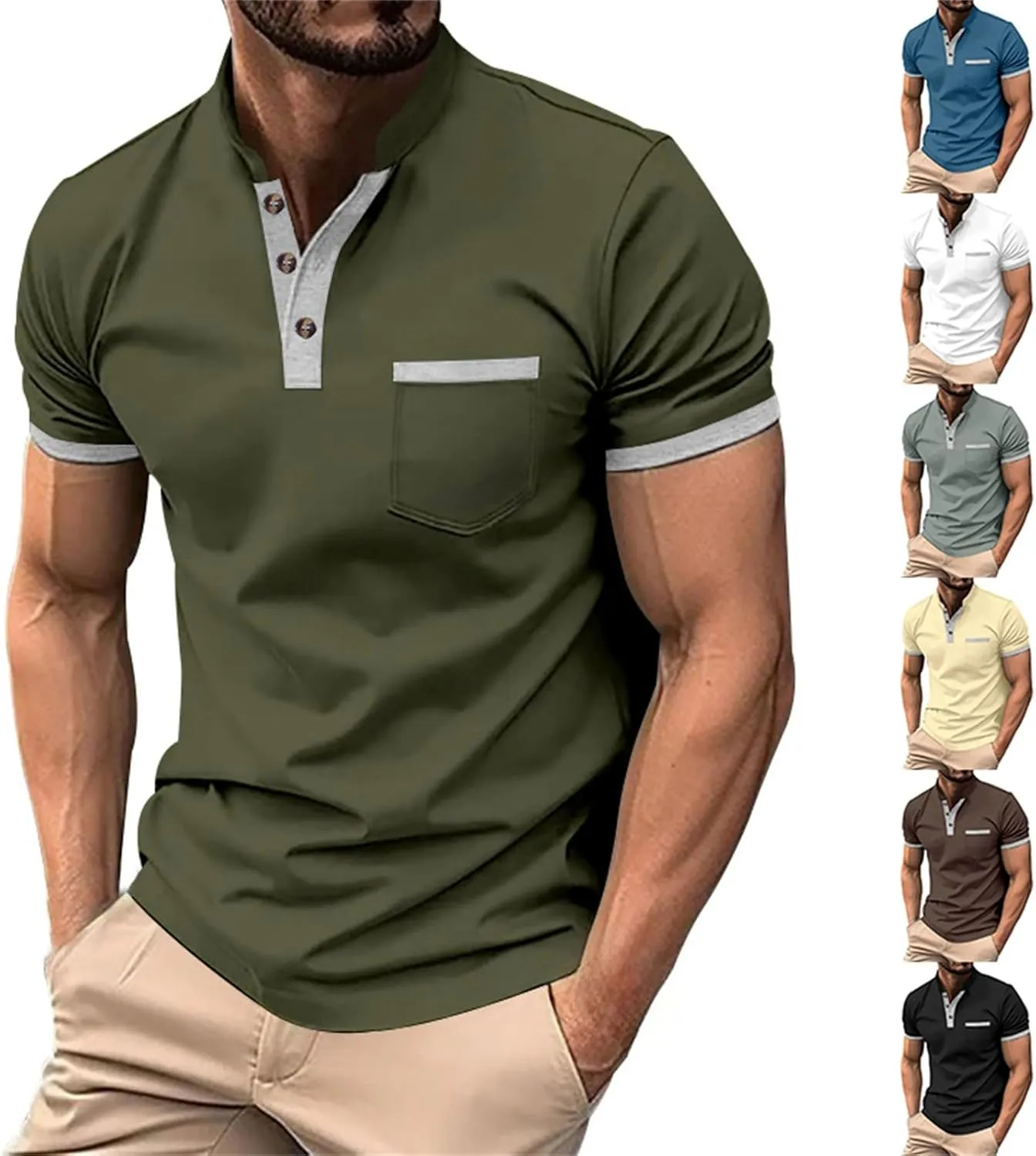 Short Sleeve Henley Shirts for Men Classic Button V Neck Tshirt Outdoor Casual Trendy Spring Tee Tops with Pocket