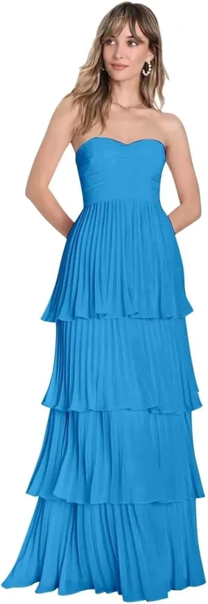 Strapless Prom Dresses 2025 Ruffle Bridesmaid Dresses Tiered Chiffon Formal Evening Dresses