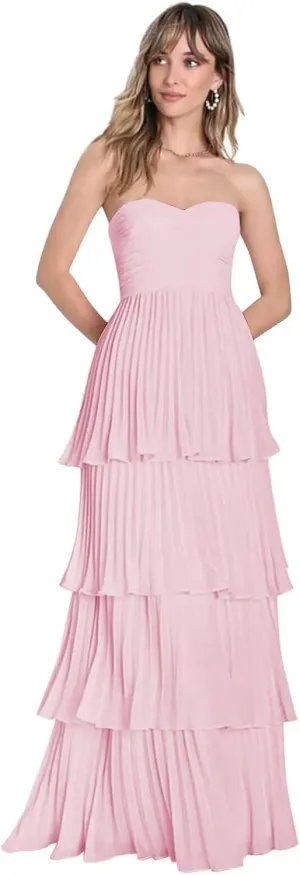 Strapless Prom Dresses 2025 Ruffle Bridesmaid Dresses Tiered Chiffon Formal Evening Dresses