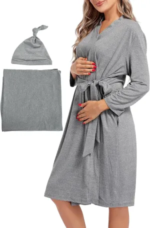 SUFEINI Maternity Mommy Robes with Matching Swaddle Blanket Set, Maternity Mommy Postpartum Bathrobe Sleepwear