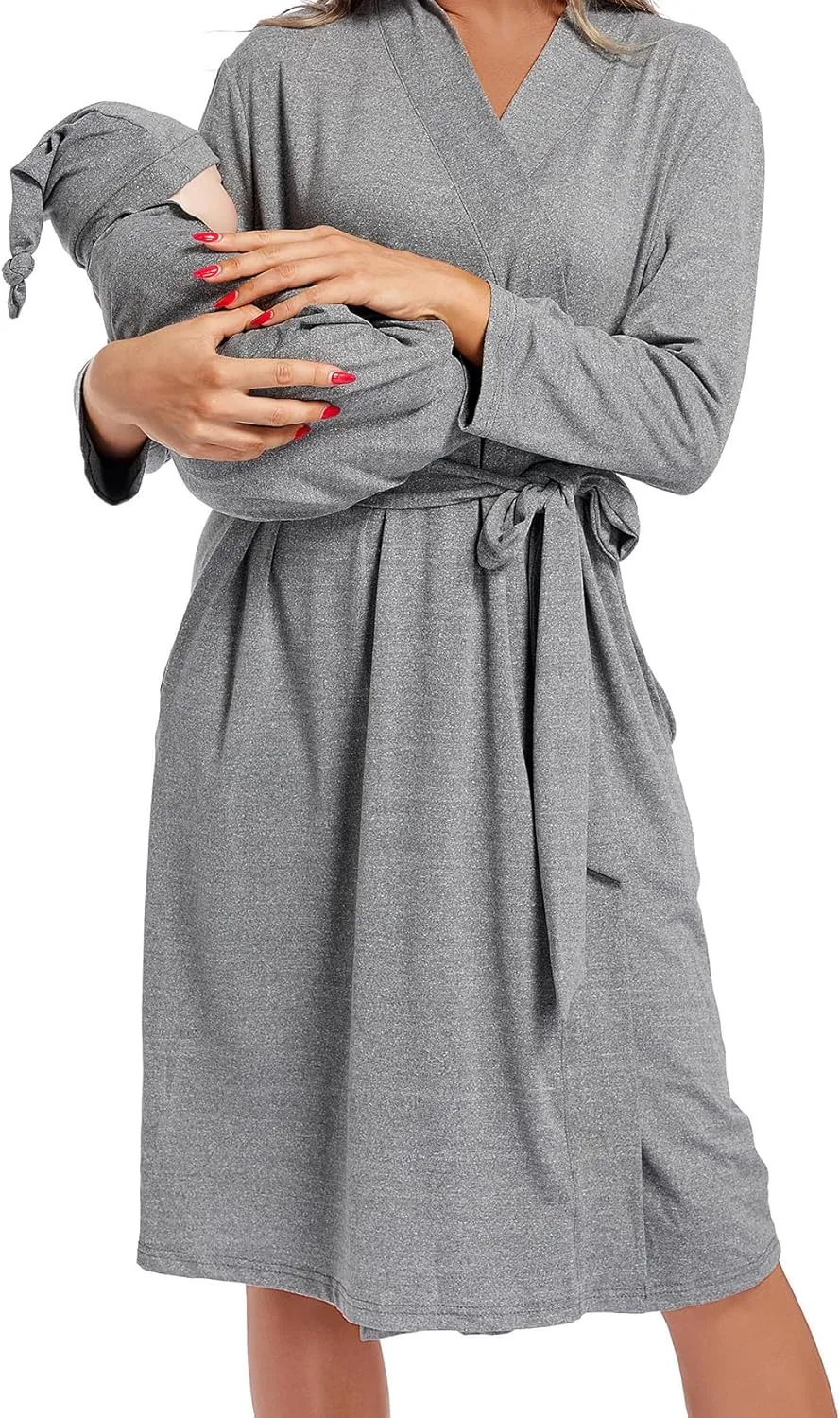 SUFEINI Maternity Mommy Robes with Matching Swaddle Blanket Set, Maternity Mommy Postpartum Bathrobe Sleepwear