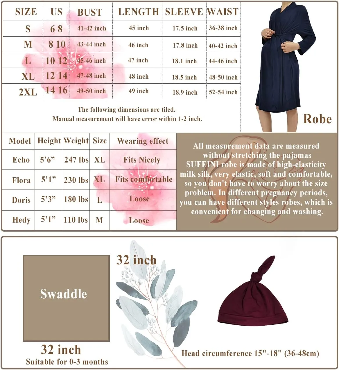 SUFEINI Maternity Mommy Robes with Matching Swaddle Blanket Set, Maternity Mommy Postpartum Bathrobe Sleepwear