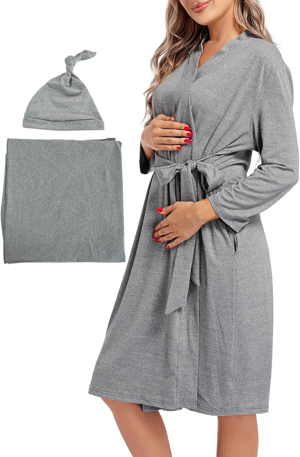 SUFEINI Maternity Mommy Robes with Matching Swaddle Blanket Set, Maternity Mommy Postpartum Bathrobe Sleepwear