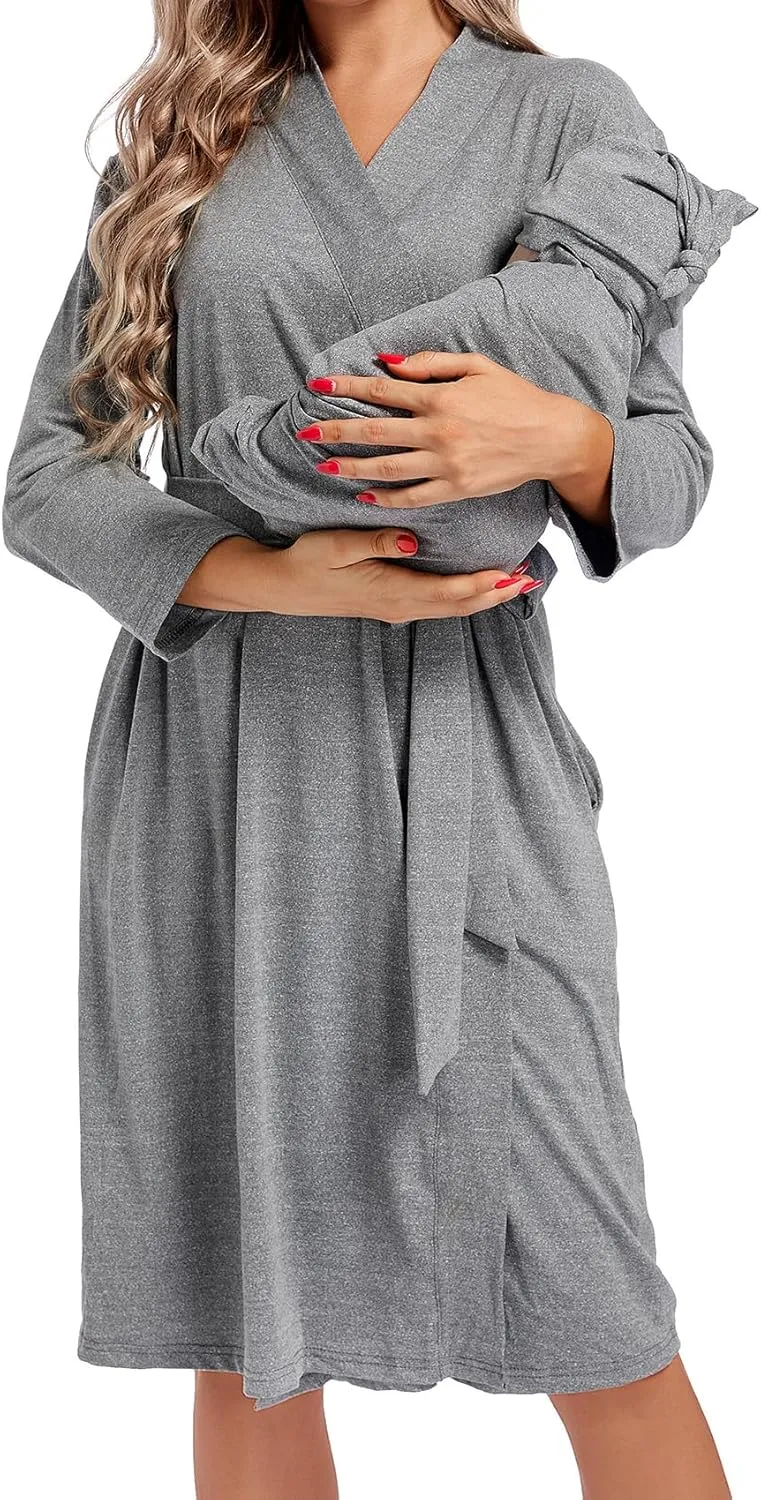 SUFEINI Maternity Mommy Robes with Matching Swaddle Blanket Set, Maternity Mommy Postpartum Bathrobe Sleepwear