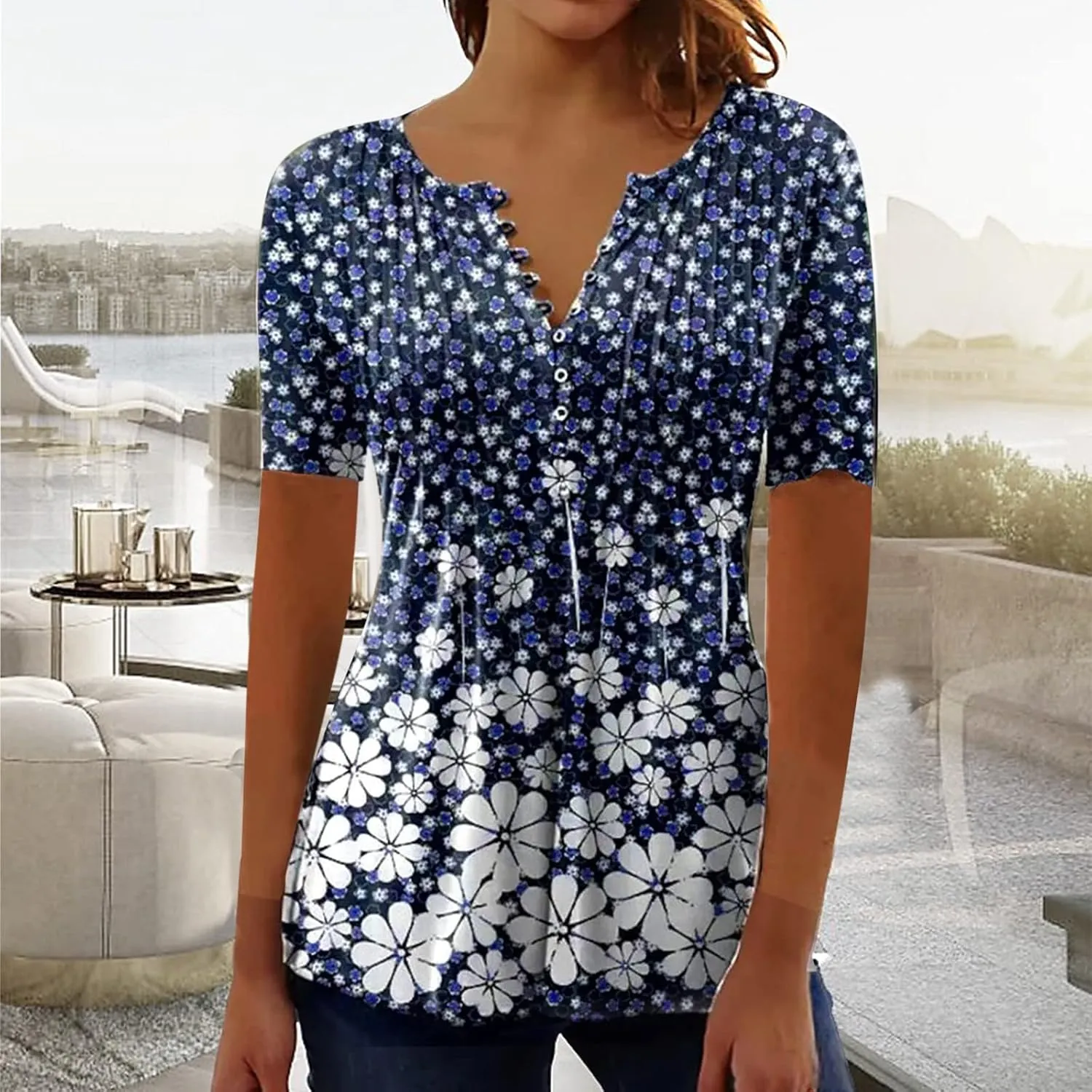 Summer 2025 Womens Short Sleeve Tops Casual Summer V Neck Floral Tunics Flowy Blouses Henley Shirts