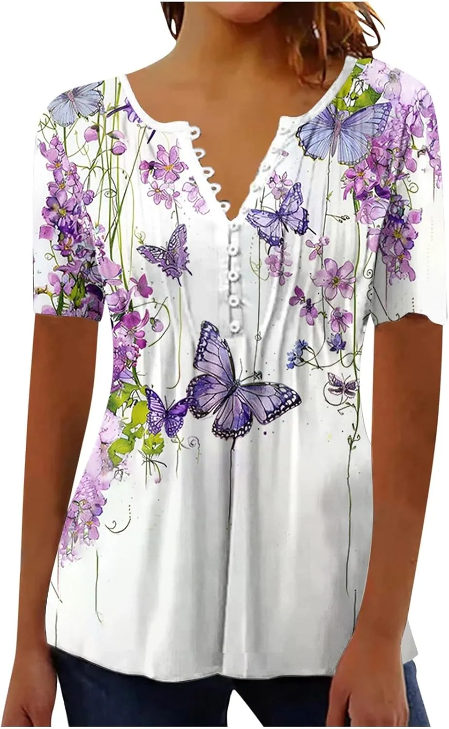 Summer 2025 Womens Short Sleeve Tops Casual Summer V Neck Floral Tunics Flowy Blouses Henley Shirts