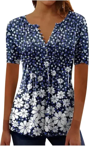 Summer 2025 Womens Short Sleeve Tops Casual Summer V Neck Floral Tunics Flowy Blouses Henley Shirts