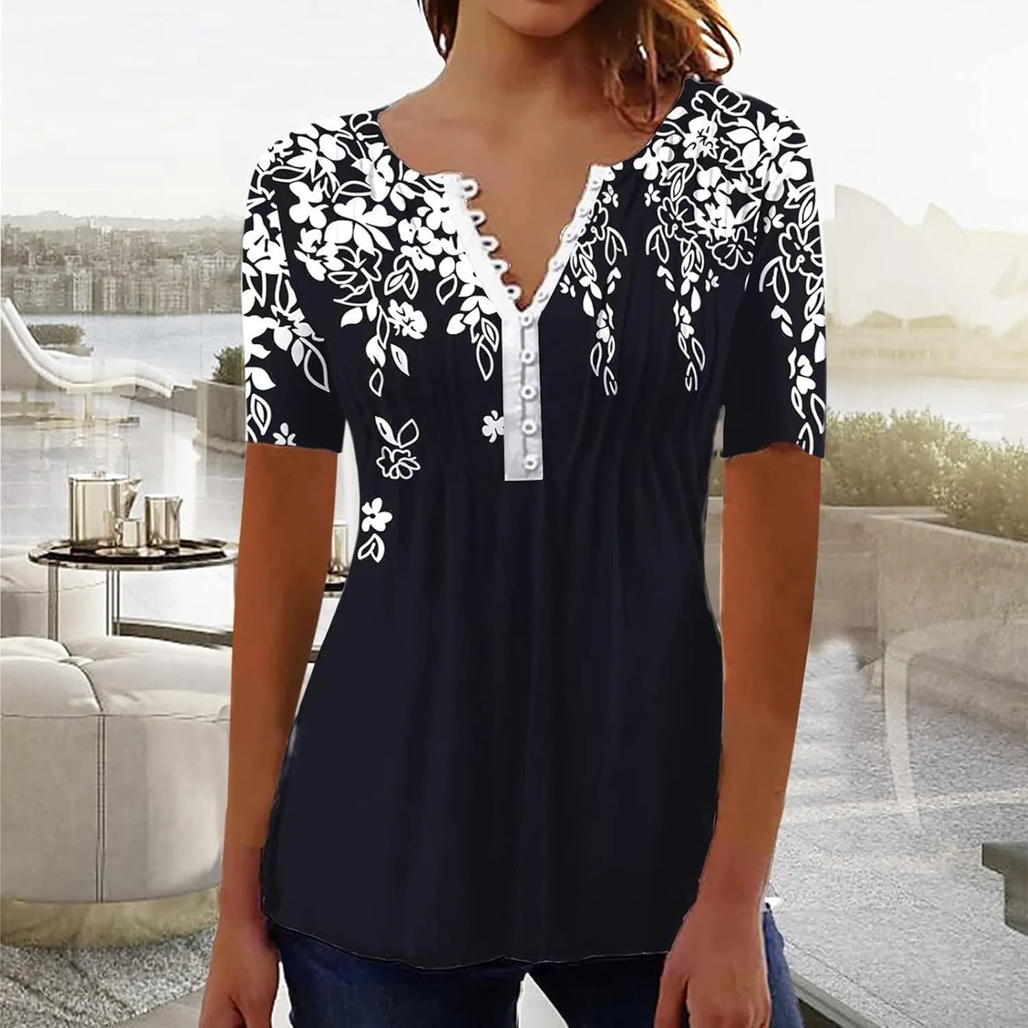 Summer 2025 Womens Short Sleeve Tops Casual Summer V Neck Floral Tunics Flowy Blouses Henley Shirts