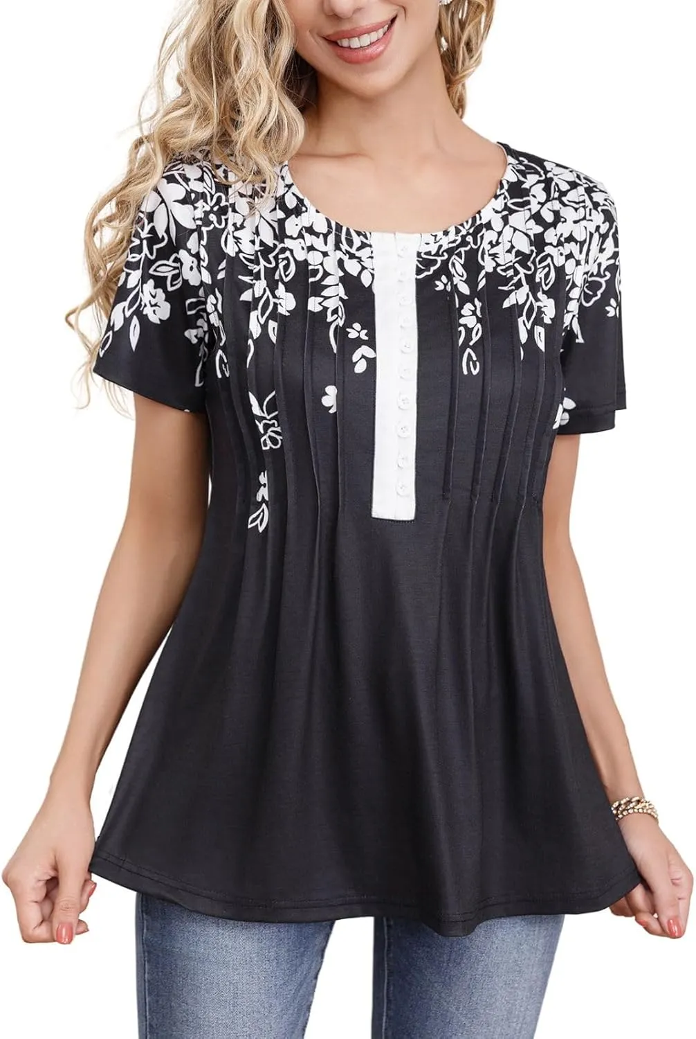Summer 2025 Womens Short Sleeve Tops Casual Summer V Neck Floral Tunics Flowy Blouses Henley Shirts