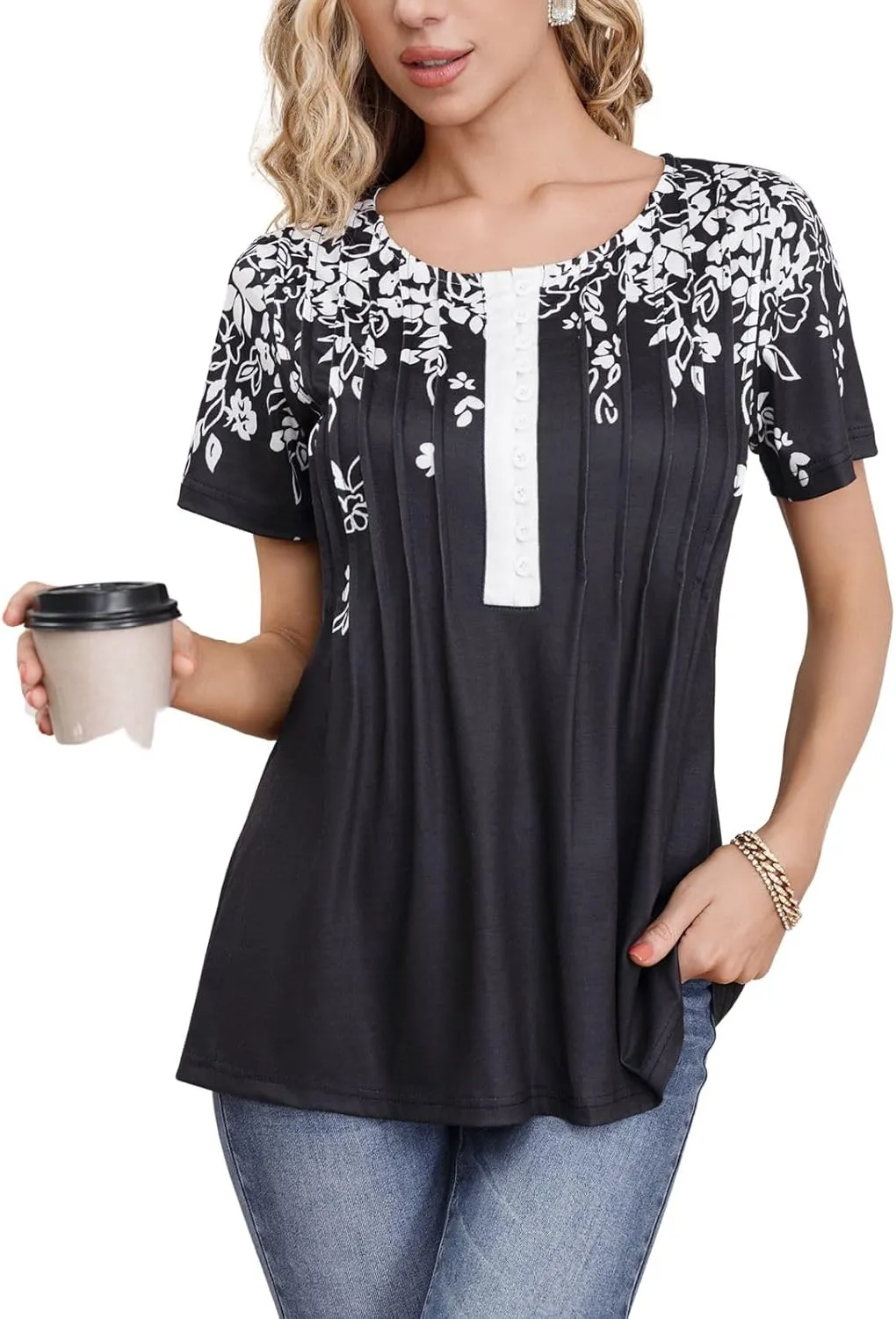 Summer 2025 Womens Short Sleeve Tops Casual Summer V Neck Floral Tunics Flowy Blouses Henley Shirts