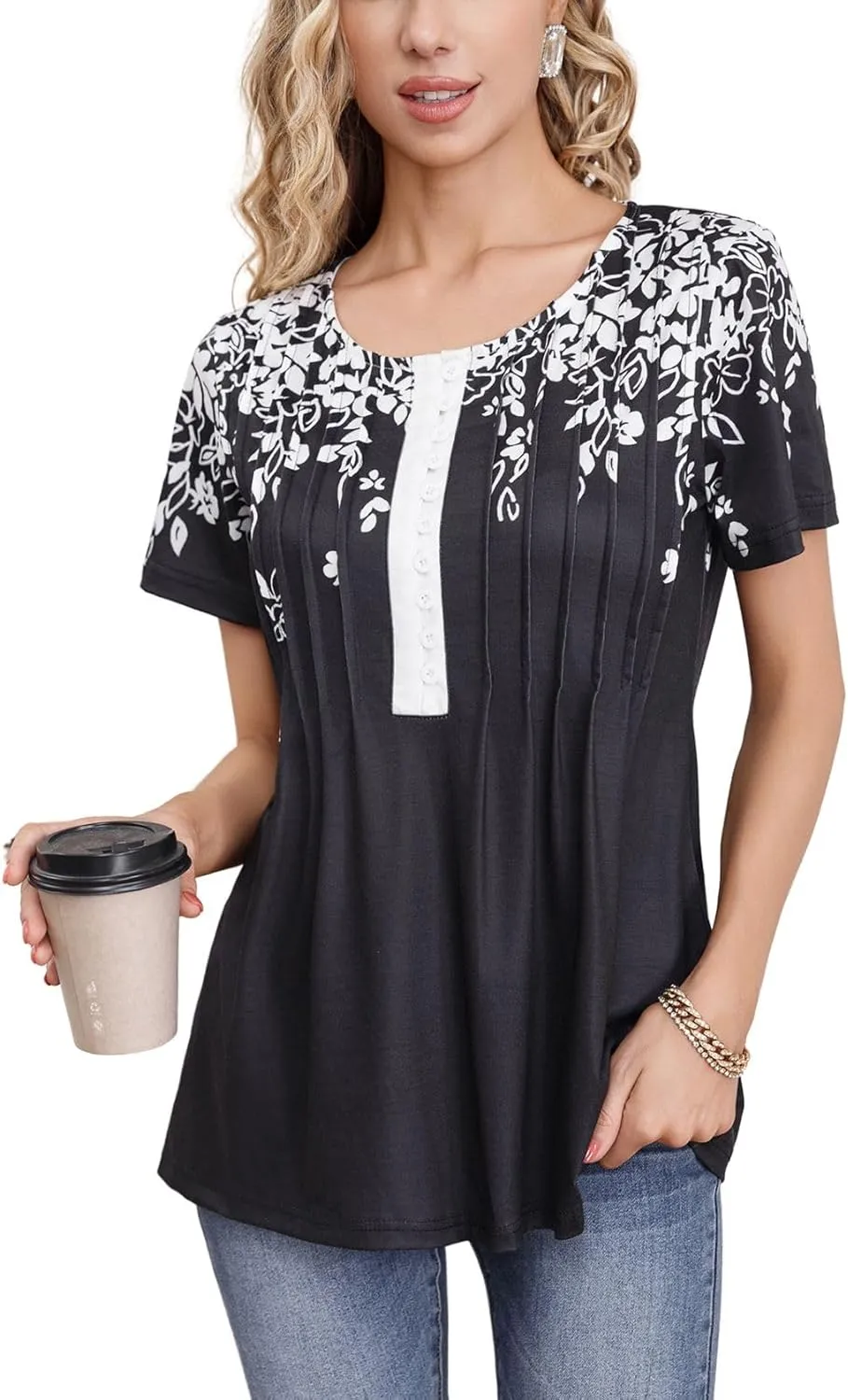 Summer 2025 Womens Short Sleeve Tops Casual Summer V Neck Floral Tunics Flowy Blouses Henley Shirts