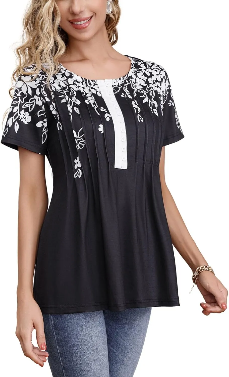 Summer 2025 Womens Short Sleeve Tops Casual Summer V Neck Floral Tunics Flowy Blouses Henley Shirts