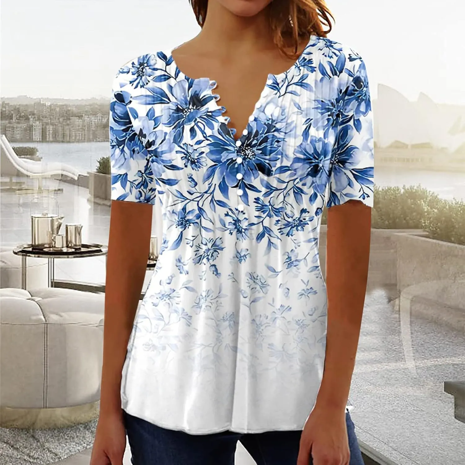 Summer 2025 Womens Short Sleeve Tops Casual Summer V Neck Floral Tunics Flowy Blouses Henley Shirts