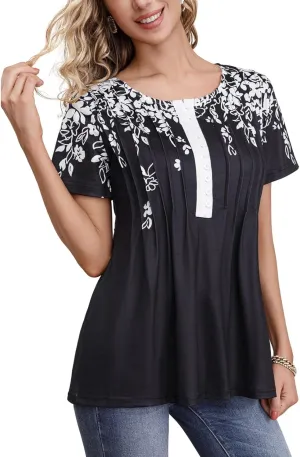 Summer 2025 Womens Short Sleeve Tops Casual Summer V Neck Floral Tunics Flowy Blouses Henley Shirts